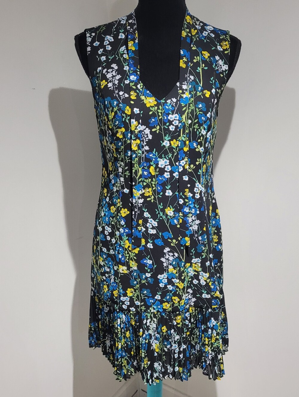 Karen Millen Women's Sleeveless Floral Tie-Neck Dress 6 Black Yellow Blue Summer